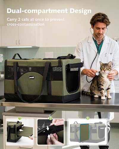Pecute Dual Compartment Pet Carrier for Multi-Cat Families & Small Dog Owners, Collapsible Dog Crate with Reinforced Steel Frame, Car Safety Design for Travel, Vet Visits & Home Use, Green - color: Green