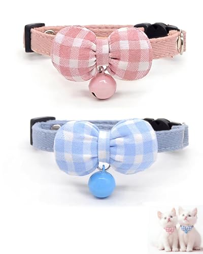 2 Pack Soft Breakaway Safety Cat Collar，Kitten Collar with Bell and Bow Tie,Adjustable Breakaway Cotton Collar for Kitty and Puppy (Plaid-Blue Pink) - color: Plaid-Blue Pink