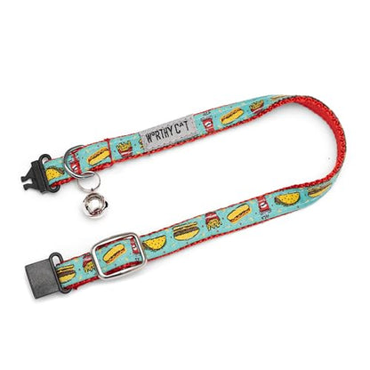 THE WORTHY DOG Patterned Food Fest Cat Collar with Bell, Adjustable Nylon Safety Collar, Turquoise, One Size - color: Turquoise-Food Fest