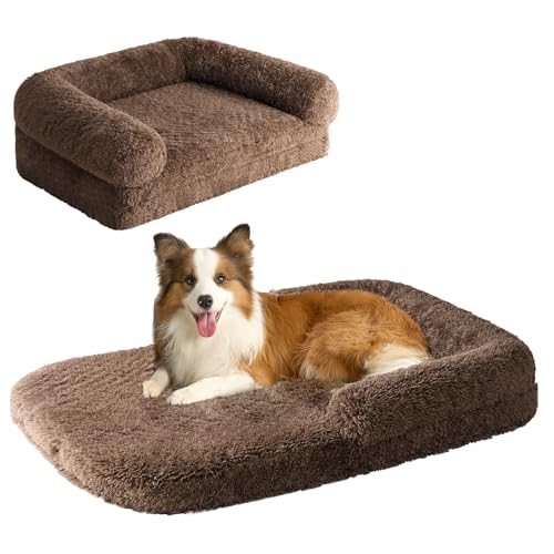 EHEYCIGA Foldable XXL Dog Bed for Large Sized Dog, 54"x38"x7.5" Faux Fur Fluffy Pet Couch Bed, Orthopedic Calming Memory Foam Big Pet Bed, Washable Pet Sofa Bed with Non-Slip Bottom, Brown - color: Brown, size: 54x38x7.5(Folded 38x27)