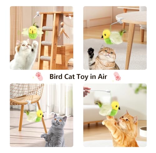 Migipaws Cat Toys,Interactive Lifelike Amakihi Flying Flapping Bird with Catnip, Feathers Hanging by Elastic String, Automatic Chirping Kitten Toys for Indoor Cats Self Play, Rechargeable(Green) - color: Emerald green