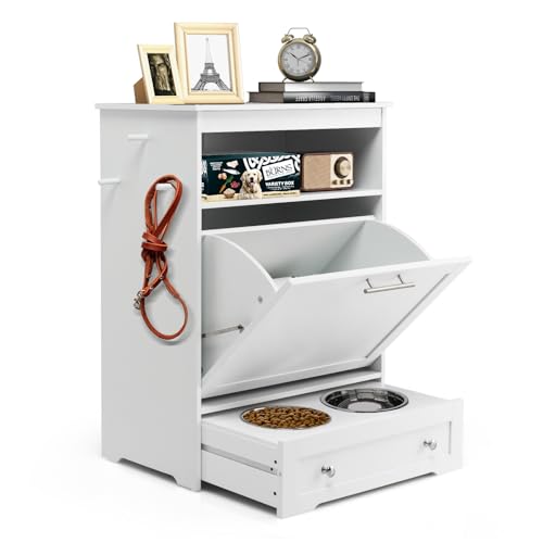 Dog Feeding Station Dogs Food Storage Cabinet Pet Feeder Container with 2 Thick 50oz Stainless Steel Raised Dog Food and Water Bowls, Pet Supply Organizer with Pet Toy Hangers, White - color: White