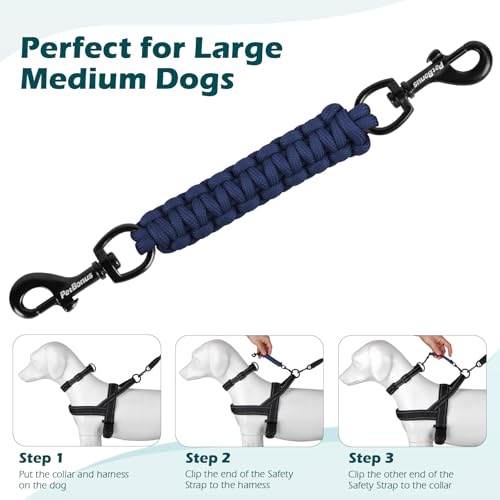 Dog Collar Safety Clip, Handmade Backup Safety Strap for Dog Harness, Prong, Pinch Collar, Double Ended Clasp Leash Connector (Navy Blue) - color: Navy Blue