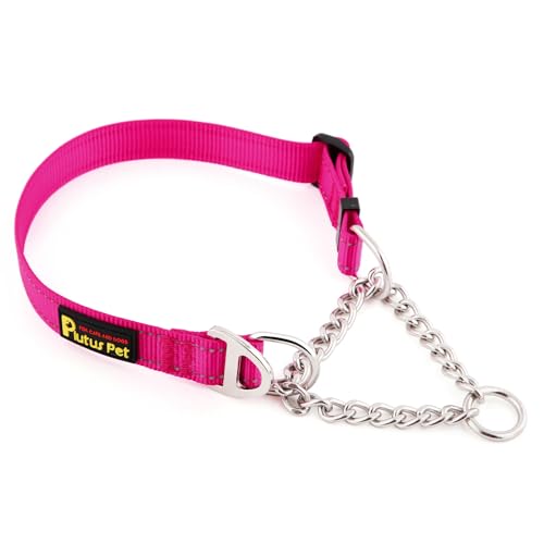 Plutus Pet Martingale Dog Collar with Stainless Steel Chain and Reflective Nylon, Adjustable No Pull Training Collar, for Small Medium, and Large Dogs, Hot Pink, M - color: Hot Pink, size: Medium