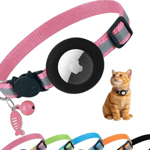 AirTag Cat Collar Breakaway with Apple Air Tag Holder & Bell - Reflective Adjustable Kitten Collar, Lightweight Nylon Safety Release Buckle for Boy Girl Cats, Indoor Outdoor (Fits 8-11 in) - color: Pink With Fish tag