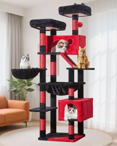 Taoqimiao Gothic Cat Tree 71-Inch, Cat Tower for Indoor Cats Large Adult, Multi-Level Large Cat Condo, 8 Sisal Scratching Posts, Metal Frame Cozy Hammock, Scratch Board, 2 Top Perches, MS026LBR - color: Gothic, size: 71 Inches