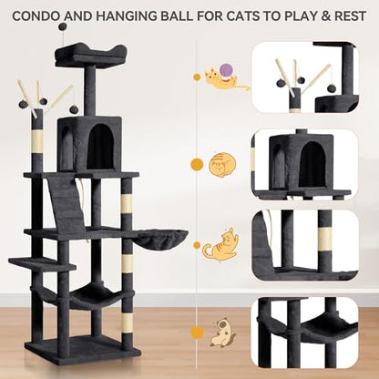 YITAHOME 64.5" Cat Tree, Multi-Level Cat House, Large Cat Condo Furniture with Perch Hammock, Scratching Posts and Dangling Balls for Kittens, Cats and Pets,Dark Gray - color: Dark Gray, size: 64.5inch