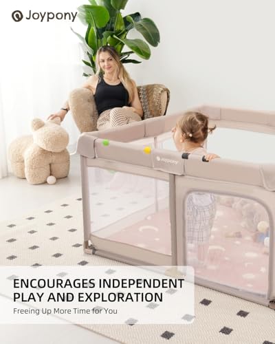 Joypony Baby Playpen with Mat, 50x50 in Small Play Pen for Babies, Toddler Playpen for Apartment, Indoors Play Yard with Soft Breathable Mesh (Beige with Mat) - color: Beige with Mat