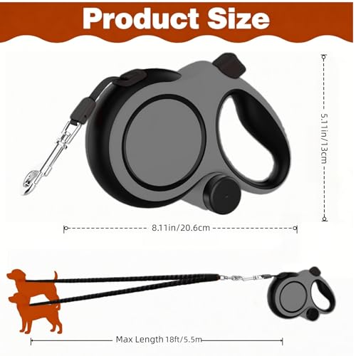 Dual Retractable Dog Leash 2 Large Dogs (Up to 110 Lbs Each), 2 Headed Pet Leash with Poop Bags, 16ft Extension, Non-Slip Grip, One-Button Break & Lock, 360-degree Tangle-Free (Gray, Large) - color: Gray, size: Large