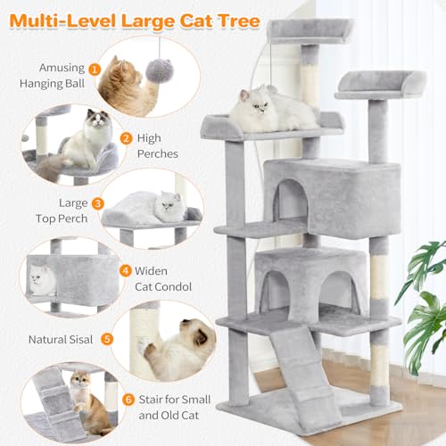 Made4Pets Cat Tree 54in Cat Tower for Indoor Cats Kitten Tree Multi-Level Cat Tree with 2 Condo Furniture Activity Center with Scratching Posts Funny Toys Kittens Pet Play House, Light Grey - color: Light Grey