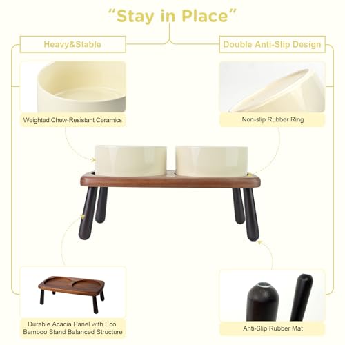 SPUNKYJUNKY Ceramic Elevated Dog Bowls Raised with Acacia Bamboo Wooden Stand, 6.1'' Dog and Cat Food Water Bowls Set Non-Slip for Small Medium Sized Breed Microwave Dishwasher Safe - 28.7 OZ,Beige - color: Beige, size: 6.1 in - Dual