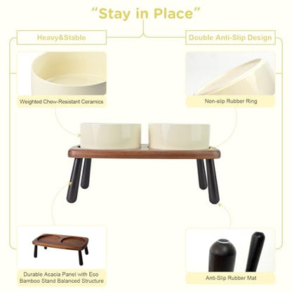 SPUNKYJUNKY Ceramic Elevated Dog Bowls Raised with Acacia Bamboo Wooden Stand, 6.1'' Dog and Cat Food Water Bowls Set Non-Slip for Small Medium Sized Breed Microwave Dishwasher Safe - 28.7 OZ,Beige - color: Beige, size: 6.1 in - Dual