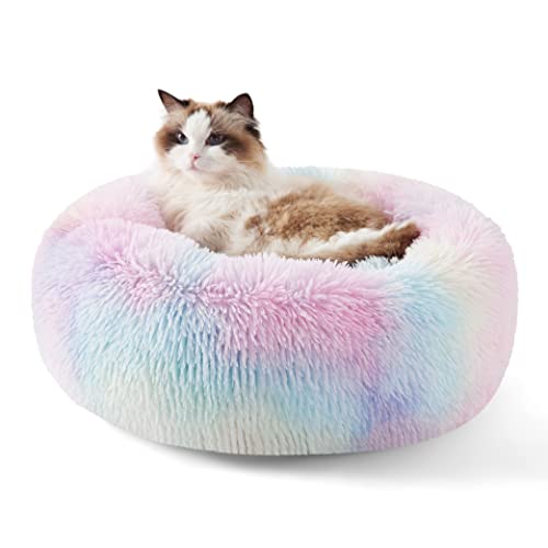 Bedsure Calming Cat Beds for Indoor Cats - Small Washable Round Cat Bed, Anti-Slip Fluffy Plush Faux Fur Pet Bed, Fits up to 15 lbs Pets, Multi-Colored, 20 inches - color: Multi Color, size: 20"L x 20"W x 6"Th