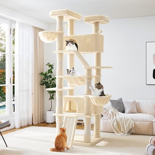 Allewie 81 Inches Tall Cat Tree/Multi-Level Large Climbing Tree House and Towers for Big Feline/Condo and Hammock/Scratching Post/Wide Base/Beige - color: Beige