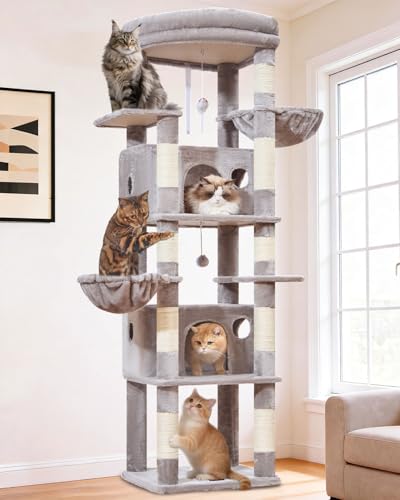 Taoqimiao Heavy Duty Cat Tree, 73in Cat Tower for Indoor Cats 25 lbs+, Extra Large Cat Tree, 2 Widen Condos, Enlarged Sleeping Platform, 9 Scratching Posts, 2 Cozy Baskets, Cat Toys, F30W Light Gray - color: Light Gray