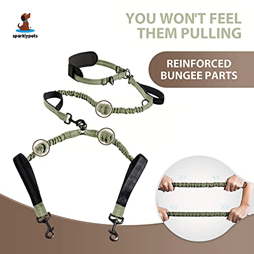 SparklyPets - Hands Free Dog Leash with Reflective Stitches - Waist Leash for Medium & Large Dogs Walking, Hiking, Training, Jogging, Canicross, Running - color: Olive Green, size: 2 dogs M/L