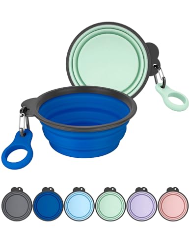 Aonkey Collapsible Dog Bowls with Bottle Carrier, 2 Pack Travel Dog Water Bowl Upgraded Carabiner, One-piece Molded Rim No Fall Off or Crack, Foldable Silicone Portable for Pets Walking Hiking 37oz - color: 2. Navy Blue & Sprout Green, size: Large (Pack o