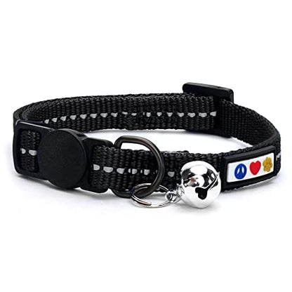 Pawtitas Recycled Black Reflective Cat Collar – Eco-Friendly Breakaway Safety Buckle, Adjustable Kitten & Adult Collar with Removable Bell and High-Visibility Strap - color: Recycled Black