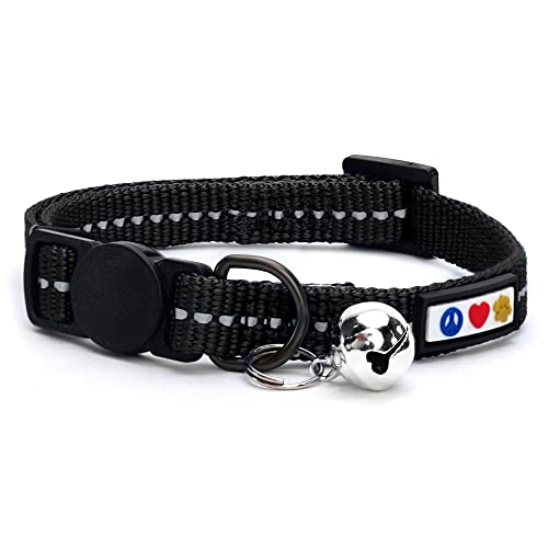 Pawtitas Recycled Black Reflective Cat Collar – Eco-Friendly Breakaway Safety Buckle, Adjustable Kitten & Adult Collar with Removable Bell and High-Visibility Strap - color: Recycled Black