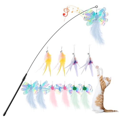 Pawaboo Feather Teaser Cat Toy, Interactive Feather Wands Cats Toy Flying Feathers Cat Catcher with Extra Long 34.5" Wand and Small Bell, Exerciser Playing Toys, 1 Wand + 10 Feathers, Multicolored - color: Z-Multicolored