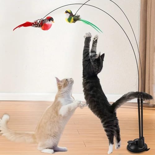 Cat Wand Toy, Suction Cup Interactive Teaser, 2-in-1 Feature with Simulated Chirping Bird for Teething and Foraging, Cat Play Wand with Engaging Design, Teaser Toy for Calming and Training