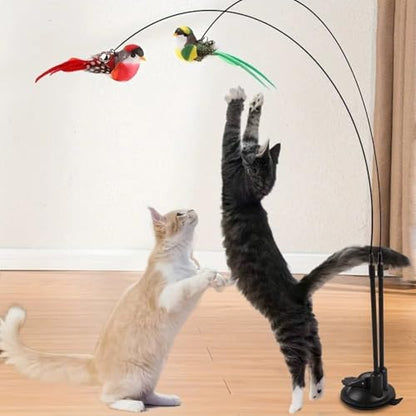 Cat Wand Toy, Suction Cup Interactive Teaser, 2-in-1 Feature with Simulated Chirping Bird for Teething and Foraging, Cat Play Wand with Engaging Design, Teaser Toy for Calming and Training