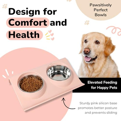 Double Dog Food Bowls Stainless Steel - Puppy Food and Water Bowl Set with Weighted Non-Slip Base - Non-Skid Design - Dog Bowl Set for Puppy Cats Kitten Small Medium Dogs - Pink - color: Pink