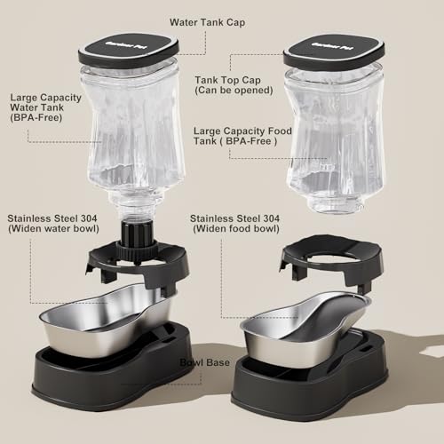 Automatic Pets Gravity Feeder and Water Dispenser Set with Stainless Steel Bowl, 1Gallon x 2 Stable Dog Food Feeder and Waterer, 100% BPA-Free for Small&Medium Dogs, Cats, Puppies(Black) - color: Black, size: 1 Gallon (Water & food dispenser)