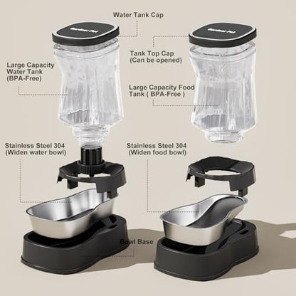 Automatic Pets Gravity Feeder and Water Dispenser Set with Stainless Steel Bowl, 1Gallon x 2 Stable Dog Food Feeder and Waterer, 100% BPA-Free for Small&Medium Dogs, Cats, Puppies(Black) - color: Black, size: 1 Gallon (Water & food dispenser)