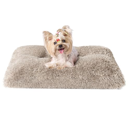 EHEYCIGA Fluffy Dog Crate Bed for Small Dogs, Plush Faux Fur Crate Pad, Calming Anti Anxiety Small Dog Bed, Washable Soft Warm Mat with Non-Slip Bottom, Taupe - color: Taupe, size: 23.6 x 17.5