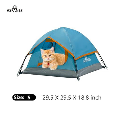ASFANES Outdoor Waterproof Pet Camping Tent, Cave Bed for Indoor Cats and Small Dogs, Portable Cat House Dog House, 21.6x21.6x14.9'', Blue, S.(The Pole has Been Improved)