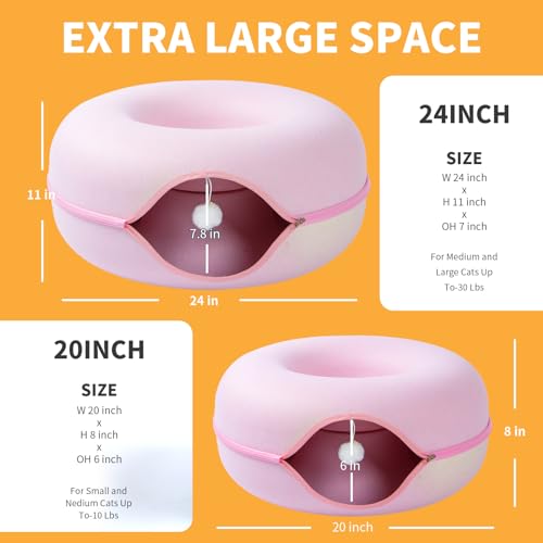 Peekaboo Cat Tunnel for Large Cats up to 30 lbs, Features A Jingle Ball, Removable and Washable Tunnel Bed, and a Cozy Donut Tunnel (Pink, 24 Inches) - color: Pink