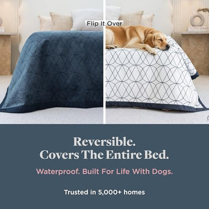 Waterproof Dog Blanket for Bed – 90x90 Inch King/Queen Size – Pet Hair Resistant Blanket for Small to Large Dogs – Washable, Leakproof, Reversible Bedspread for Bed Protection – Blue/White - size: 90"x 90"