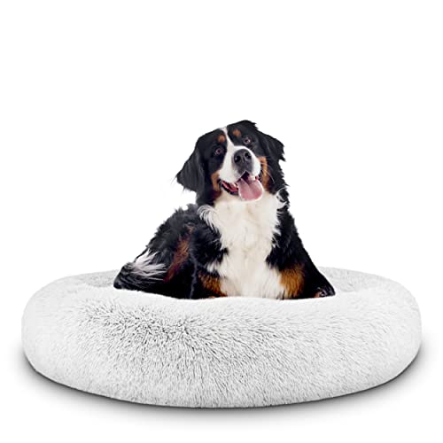 The Dog’s Bed Calming Donut Dog Bed, Plush Faux Fur Round Cuddler Nest – CertiPUR-Certified Foam, Removable Washable Zip Cover – XL (45"), Ice White - color: Ice White Fur, size: XL (45")