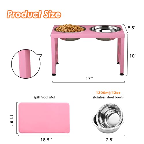 ADENGL Pink Metal Raised Dog Bowl Stand for Large Dogs, Stronger Elevated Dogs Bowls with Sprill Proof Mat, Food & Water Bowl 10in Tall Feeder (42OZ-Stainless Steel Dog Bowls, Mat-12x19 in) - color: Pink - L Silicone Dog Mat, size: Height-10inch