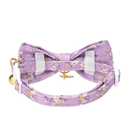 2 Pack Cat Collars, Removable Bowtie, Floral Pattern, Safety Breakaway Clasp, Adjustable for Cats.(Adult Cat, Purple and Pink dasiy) - color: Pink+Purple