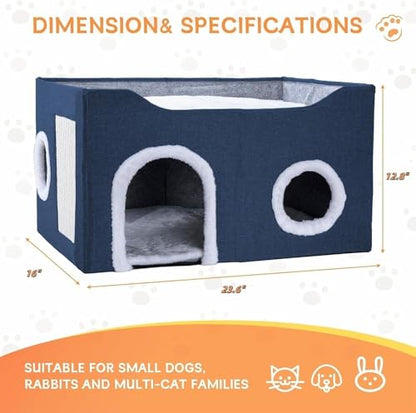 Cat House for Indoor Cats – Foldable Cat Cave & Covered Cat Bed, Cozy Hideaway for Small Pets and Large Cats (23.6"x16"x12.8"),Navy Blue - style: Navy Blue