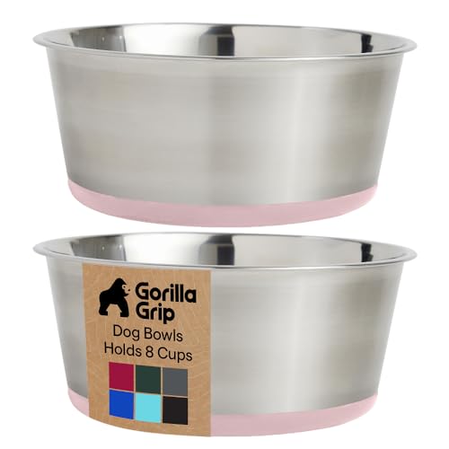 GORILLA GRIP Dog Bowls, Food Grade 304 Stainless Steel, Holds 8 Cups Each (64 fl oz) Food and Water Bowl for Feeding Dogs and Cats, Dishwasher Safe, Rust Resistant, BPA Free Rubber Base Set of 2 Pink - color: Light Pink, size: 8 Cup (64 Oz)