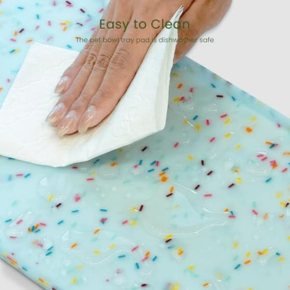 PWTAA Dog Food Mat Anti-Slip Silicone Dog Bowl Mat Thicker Pet Placemat Waterproof Cat Feeder Pad with Raised Edge Puppy Kitten Feeding Mats Suitable Small Medium-Sized Dogs Cats Eating Tray - color: Donut Blue, size: 25.6" x 13"