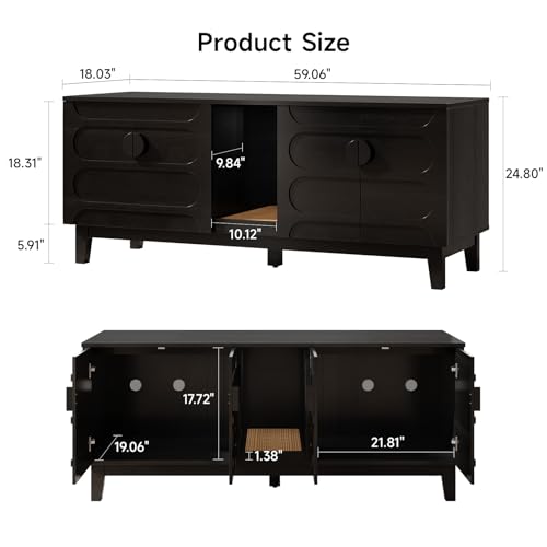 ONBRILL 59 Inches Cat Litter Box Enclosure for 2 Cats, Hidden Litter Boxes Furniture w/Cat Scratch Pad, Modern Large Pet House with Double Room, Wooden TV Stand for Living Room, Black
