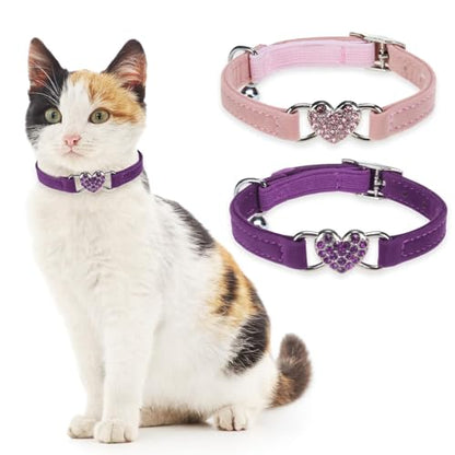 BINGPET 2 Pack Diamond Cat Collar with Bells and Safety Belt, Adjustable Soft Velvet Kitten Collar with Bling Heart Jewelry, Cute Purple & Pink Cat Collars for Girls & Boys(Neck Girth 8"-10") - color: Pink & Purple(Heart), size: Neck Girth 8"-10"