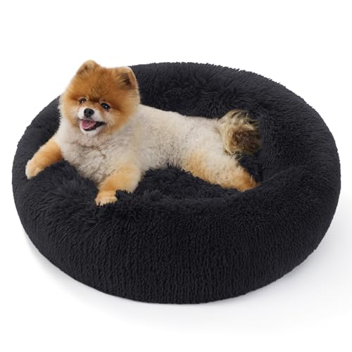 Bedsure Calming Donut Cat Bed - Fluffy Plush Round Pet Bed for Indoor Cats & Small Dogs, Washable Anti-Anxiety Soft Comfy Cuddler, 23x23 Inches, Black (Basic Version) - color: Black, size: 23x23x5
