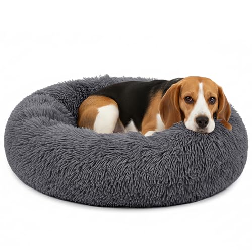 PetAmi Calming Dog Bed for Small & Medium Dogs and Cats, 30 Round Donut Dog Bed, Washable Fluffy Faux Fur Puppy & Cat Bed, Anti-Anxiety Plush Cuddler Pet Bed with Anti-Slip Bottom - Dark Gray - color: Gray, size: Medium - 30"