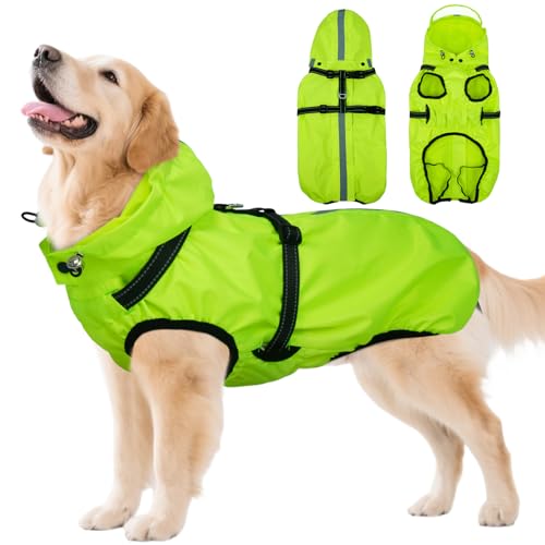 Dog Raincoats for Large Dogs with Hood, Waterproof Dog Rain Jacket with Adjustable Built-in Harness & Back Zipper, Reflective Strip, for Rainy Walks, Muddy Roads - Fluorescent Green XXXL - color: Fluorescent Green, size: XXX-Large