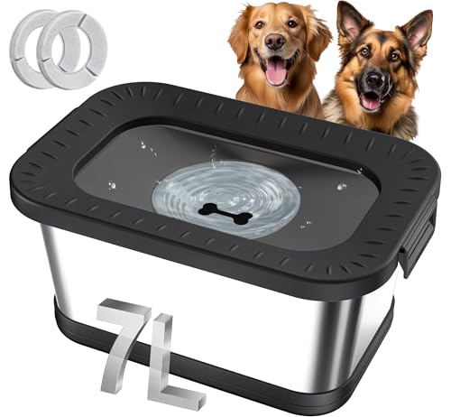 Decflow 7L Stainless Steel Dog Water Bowl, No Spill Anti-Splash Dog Bowls with Anti-Skid Mat, Spill-Proof Slow Feeder for Messy Drinkers, Heavy Duty Pet Bowls for Indoor/Outdoor Use Black - color: Black, size: 7l
