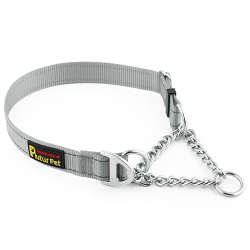 Plutus Pet Martingale Dog Collar with Stainless Steel Chain and Reflective Nylon, Adjustable No Pull Training Collar, for Small Medium, and Large Dogs, Gray, M - color: Gray, size: Medium