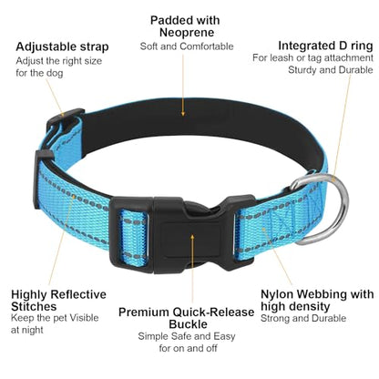 Dog Collars Adjustable for Puppy and Small Dogs, Heavy Duty Waterproof with Quick Release Buckle, Reflective Nylon Collar with Soft Neoprene Padded, XS, Sky Blue - color: Sky Blue, size: X-Small