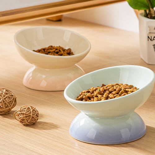 Cute Ceramic Tilted Food Bowls for Indoor Cats Cat Bowl Elevated Cat Bowls Whisker Friendly 6.1 Inch Wide 15° Raised Kitten Supplies Dishwasher and Microwave Safe Blue Cats Water Bowl - color: Blue Ceramic Elevated Cat Bowl