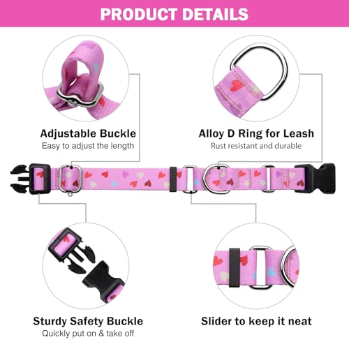 Hikiko Cute Pink Martingale Collar with Heart Design Soft Nylon Quick Release Buckle Dog Collars for Medium Dogs (Fresh Love,Medium) - color: Fresh Love, size: Medium