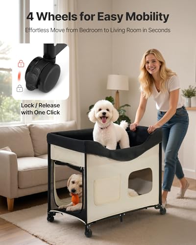 VEVOR Bedside Lounge Pet Bed, Foldable Bunk Dog Bed with 600D Oxford Cloth and Dutch Velvet, Portable Raised Cot with Wheels, Side Storage Bags, and Carry Bag for Cats & Dogs, L, Beige - size: L